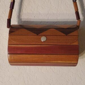 Small light & dark wooden roll top barrel shoulder purse bag